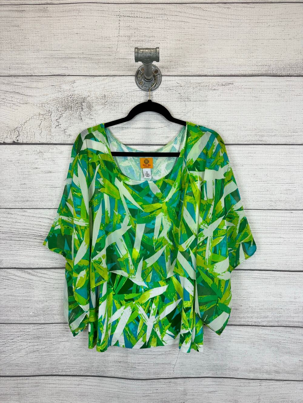 Ruby Rd Plus Size Green Palm Print Layered Blouse Size 1X